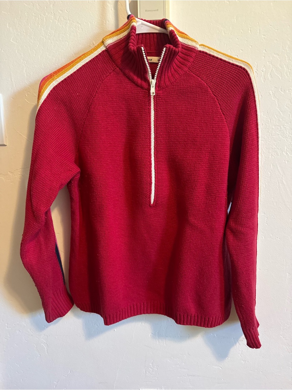 Marine Layer Red Half-Zip Sweater with Stripe Shoulder Detail